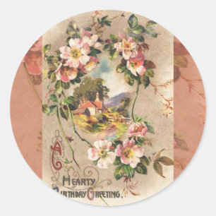 Vintage Geburtstags-Blumen-Landhaus im viktorianis Runder Aufkleber