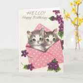 Vintage Geburtstags-Kätzchen und Veilchen, Karte (Gelbe Blume)