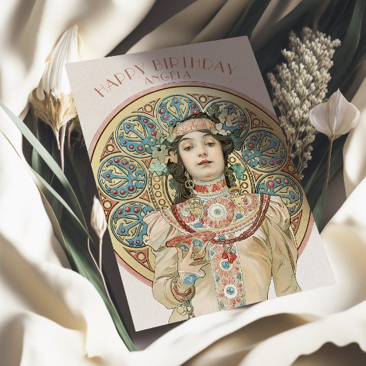 Vintage Geburtstagskarte Alphonse Mucha Champagne Karte