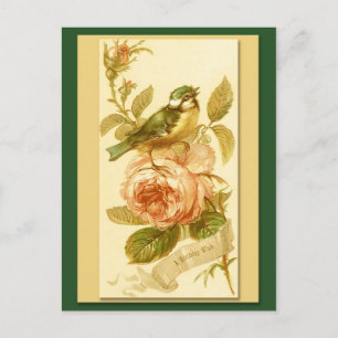 Vintage-Geburtstagskarte mit Vogel und Rosen Postkarte