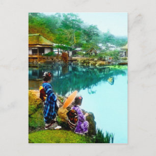 Vintage Geisha am Teich im Hikone-Park Japanisch Postkarte