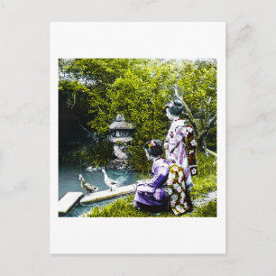 Vintage Geisha beobachtet Enten im Park Old Japan Postkarte