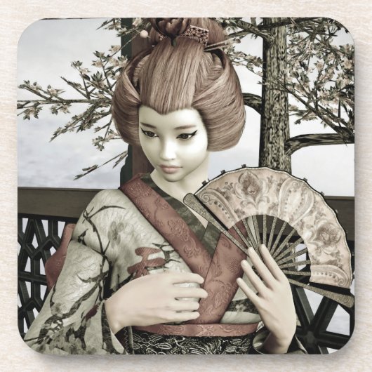 Vintage-Geisha-Kimono-Fächer-Illustration Getränkeuntersetzer (Vorderseite)