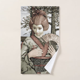 Vintage-Geisha-Kimono-Fächer-Illustration Handtuch