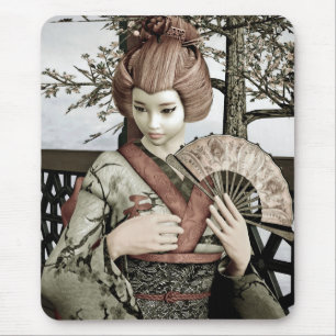 Vintage-Geisha-Kimono-Fächer-Illustration Mousepad