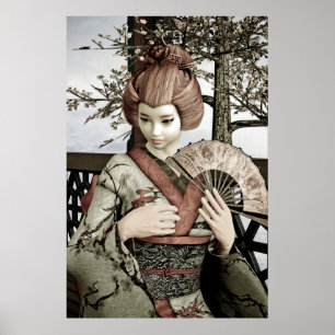 Vintage-Geisha-Kimono-Fächer-Illustration Poster