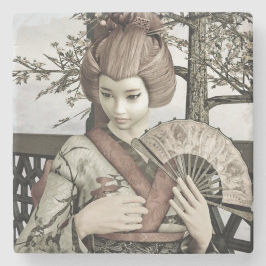 Vintage-Geisha-Kimono-Fächer-Illustration Steinuntersetzer (Vorderseite)