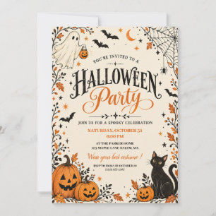 Vintage-Geister-Kürbis-Schwarze-Katze-Halloween-Pa Einladung