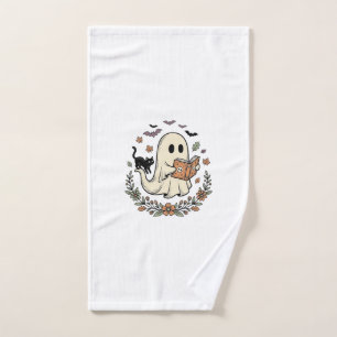 Vintage-Geisterkatze-Halloween-Blumen-Vektor-Desig Handtuch