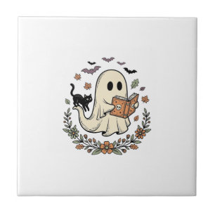 Vintage-Geisterkatze Halloween-Blumen-Vektordesign Fliese
