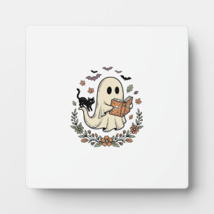 Vintage-Geisterkatze-Halloween-Blumen-Vektordesign Fotoplatte