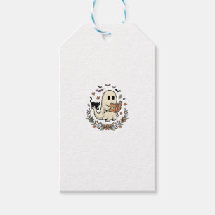 Vintage-Geisterkatze-Halloween-Blumen-Vektordesign Geschenkanhänger