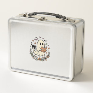 Vintage-Geisterkatze-Halloween-Blumen-Vektordesign Metall Brotdose