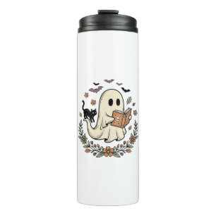 Vintage-Geisterkatze-Halloween-Blumen-Vektordesign Thermosbecher