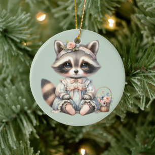 Vintage gekleideter Cottagecore-Waschbär Pastell Keramik Ornament