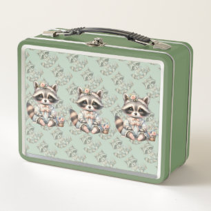 Vintage gekleideter Cottagecore-Waschbär Pastell Metall Brotdose