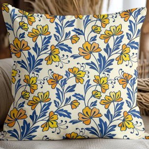 Vintage Gelb Orange Folk Blumen Blaues Blatt Kissen