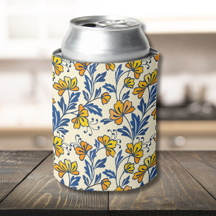 Vintage Gelb Orange Folk Floral Blaues Blatt Dosenkühler