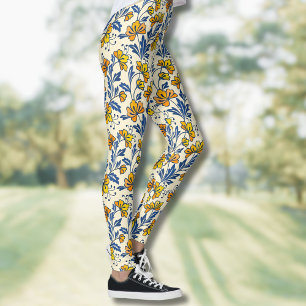 Vintage Gelb Orange Folk Floral Blaues Blatt Leggings