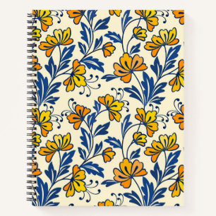 Vintage Gelb Orange Folk Floral Blaues Blatt Notizblock