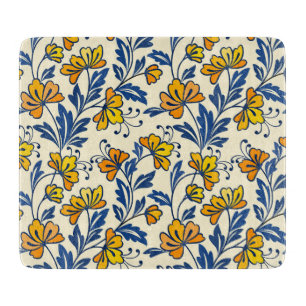 Vintage Gelb Orange Folk Floral Blaues Blatt Schneidebrett
