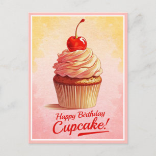 Vintage Gelb Rosa Kirsch Cupcake Geburtstagskarte Postkarte