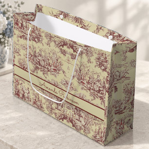 Vintage Gelb-Rot-Toile de Jouy Monogramm Große Geschenktüte