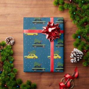 Vintage Gelb & Schwarz Cab Taxi Weihnachten Blau Geschenkpapier