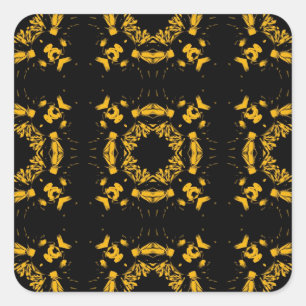 Vintage Gelb, schwarzes Blumen-Retro-Muster Quadratischer Aufkleber