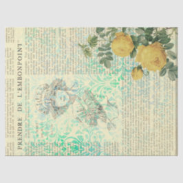 Vintage Gelbe Rose, Lady und Newsprint Decoupage Seidenpapier