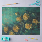 Vintage Gelbe Rosen Goldfolie Smaragd tief grün Seidenpapier (Basteln)