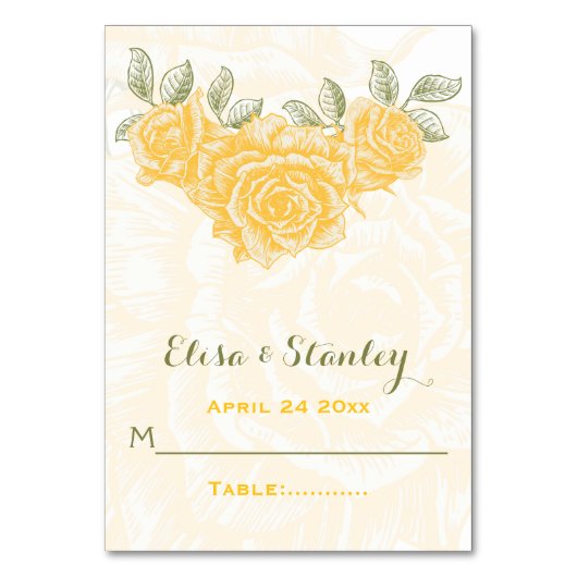 Vintage gelbe Rosen Hochzeitskarte Tischnummer (Vorderseite)