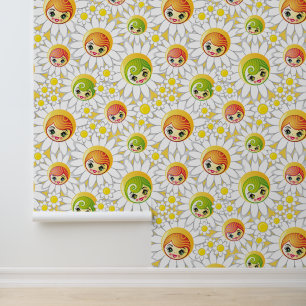 Vintage, gelbe und weiße, florale Daisy-Puppenthea Tapete