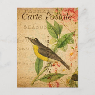 Vintage Gelber Vogel Florale Blumen Französisch Postkarte