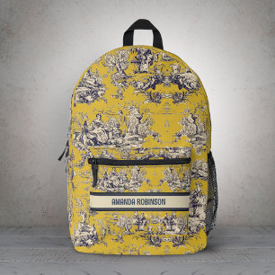 Vintage Gelbes Blumiges Toile de Jouy Monogramm Bedruckter Rucksack
