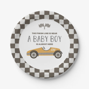 Vintage gelbes Rennwagen-Baby-Shower Pappteller