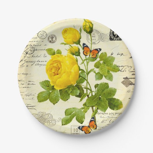 Vintage Gelbrosen Pappteller (Vorderseite)