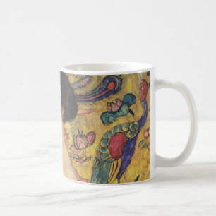 Vintage-Gemälde einer Dame im Jugendstil mit Fäche Kaffeetasse