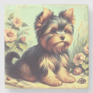 Vintage-Gemälde eines Yorkshire Terriers Steinuntersetzer