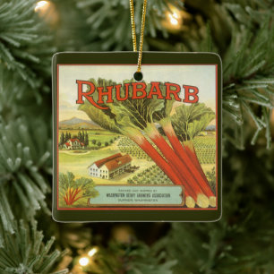 Vintage-Gemüse-Dosenetiketten-Kunst, Rhabarberfarm Keramikornament