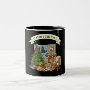 Vintage gemütliche Weihnachts-Kaminszene mit Hund Zweifarbige Tasse