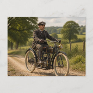 Vintage Gentleman auf einem alten Motorrad Postkarte