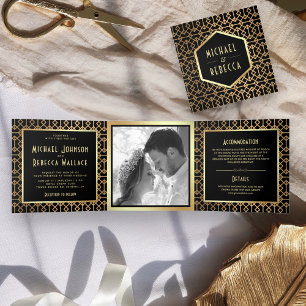 Vintage geometrische Art Deco Stil Foto-Hochzeit Dreifach Gefaltete Einladung
