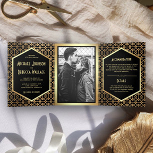 Vintage geometrische Art Deco Stil Foto-Hochzeit Dreifach Gefaltete Einladung