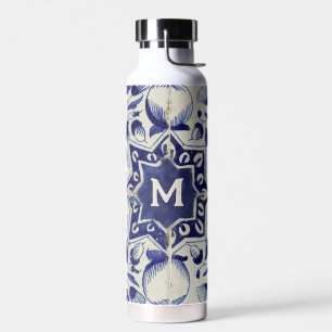 Vintage geometrische blau-weiße Fliesen monogrammi Trinkflasche
