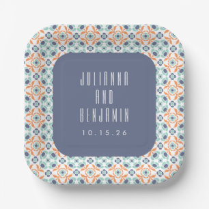 Vintage-Geometrische Kacheln Motiv Blau Hochzeit B Pappteller