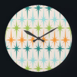 Vintage geometrische Sternexplosionen, rund um die Große Wanduhr<br><div class="desc">Vintag. Geometrien Sternexplosionen. Wenn Sie eines dieser Wörter Liebe haben, ist diese Vintage geometrische Sternexplosion Wall Clock für Sie. Dieses moderne Design aus der Mitte des Jahrhunderts besticht durch einen cremefarbenen Hintergrund mit Reihen von türkisfarbenen, limatgrün, orangen und aquamarinen Sternexplosionen. Dieses Mod-Design verbindet sich wunderbar mit dem Retro Atomic Mobile...</div>