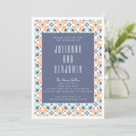 Vintage geometrische Tiles Motif bei Blue Wedding Einladung