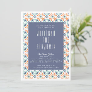 Vintage geometrische Tiles Motif bei Blue Wedding Einladung