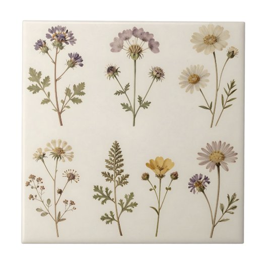 Vintage gepresstes Wildblumen-Botanikmuster Fliese (Vorderseite)